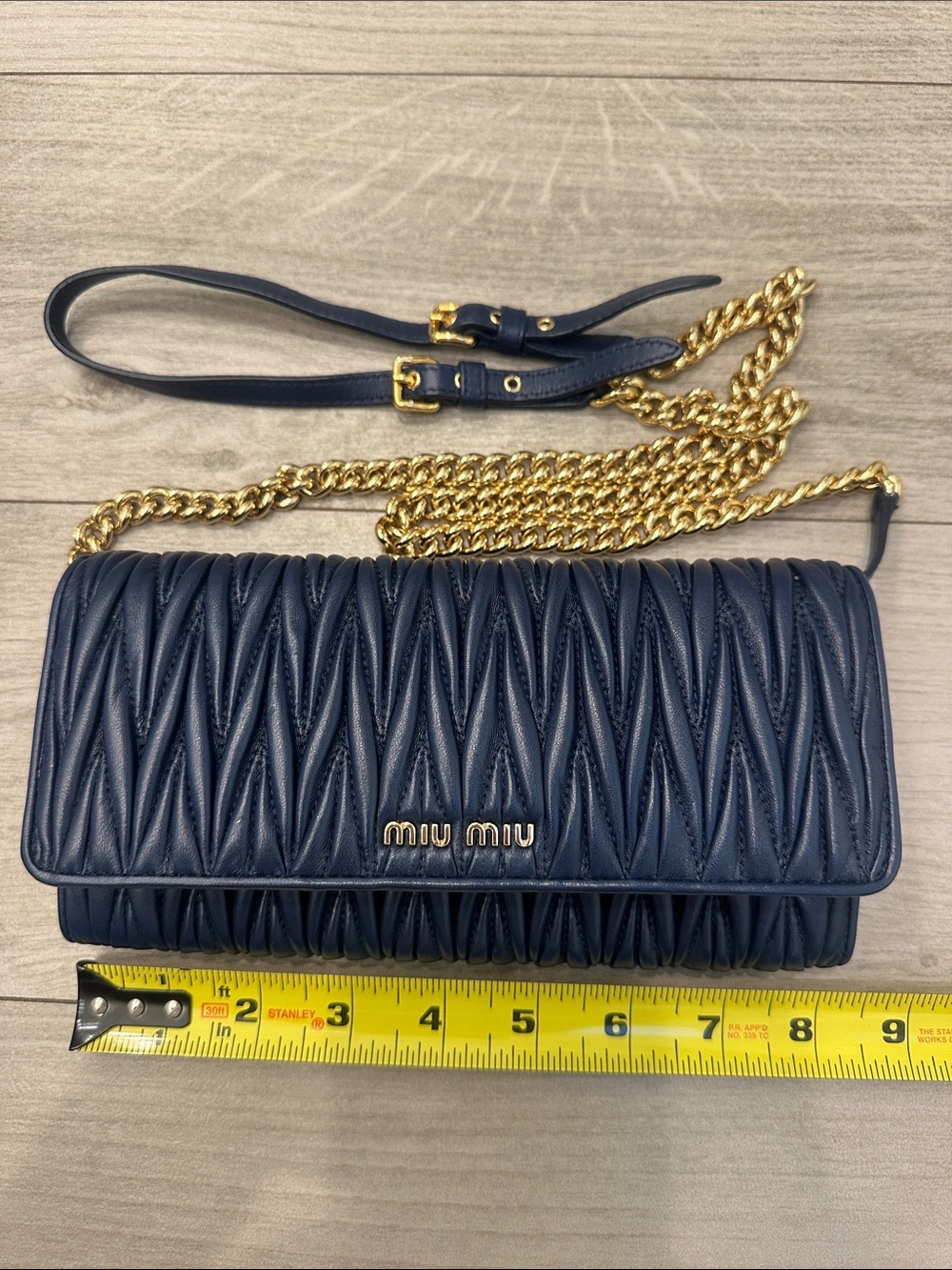 Miu Miu Navy Matelassé Leather Crossbody with Gold Chain Strap - Never Worn